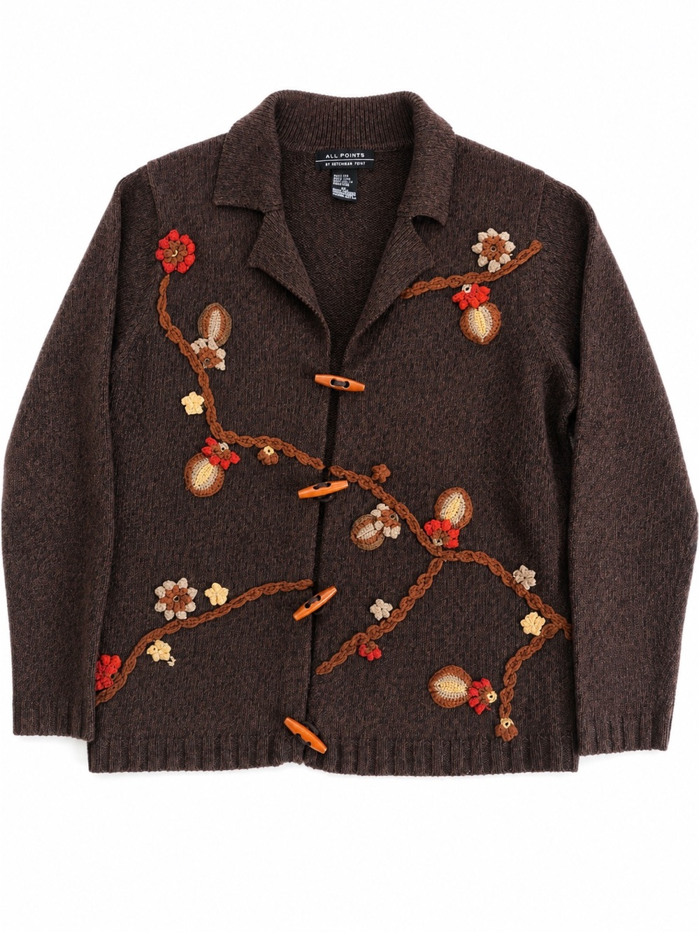 Vintage All Points Cardigan Sweater brown embroidered size M toggle buttons